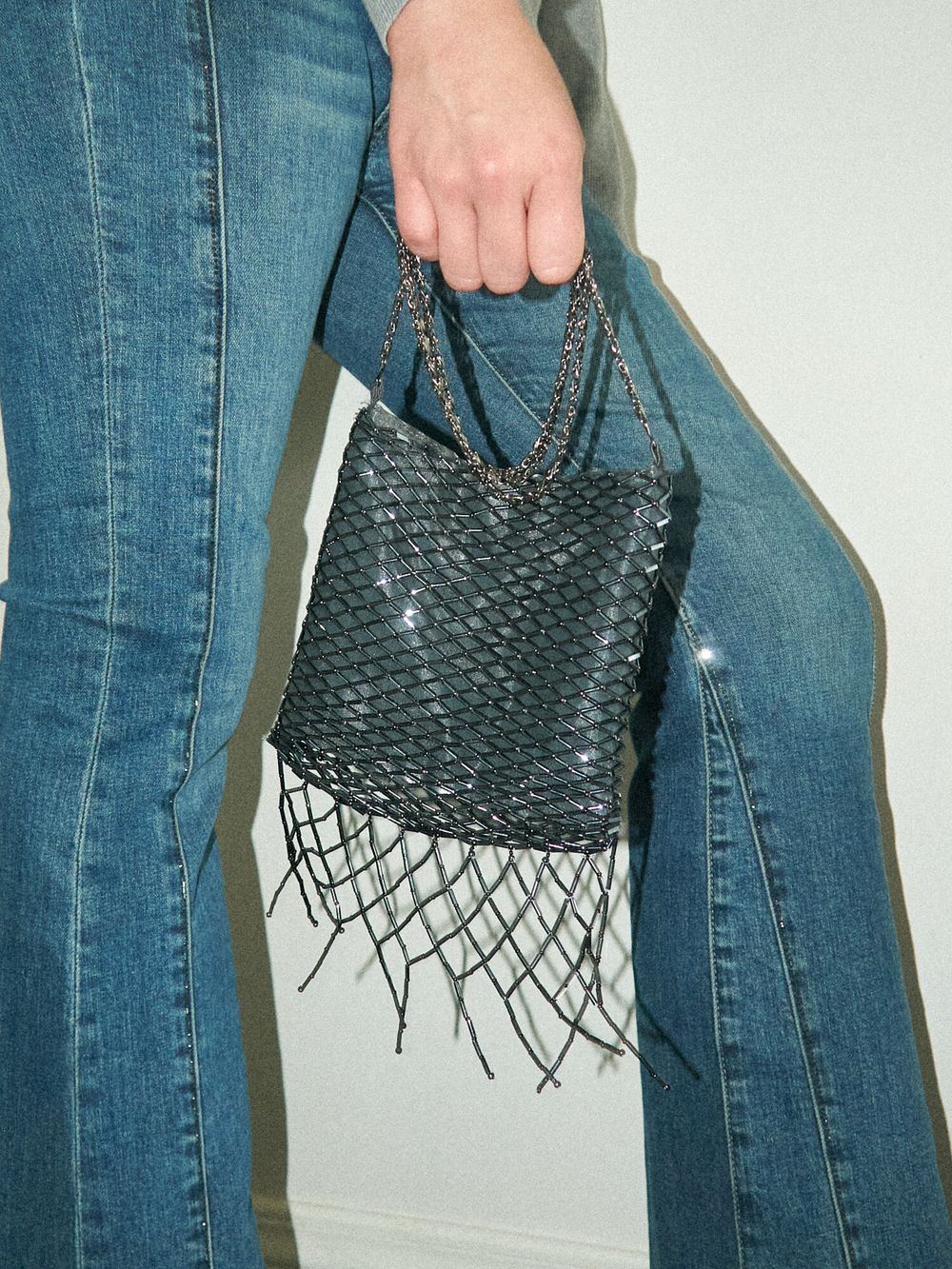 Beaded Mesh Fringe Mini Bag
