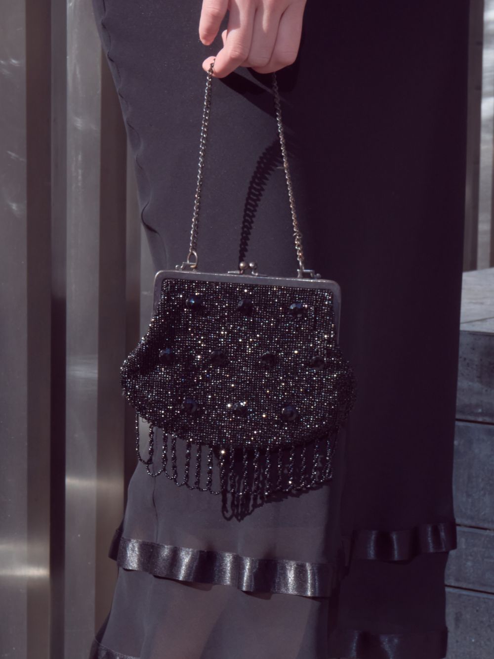 Vintage Victorian / Edwardian Black Beaded Evening Bag with Fringe
