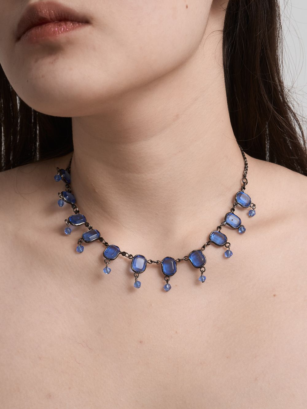 Vintage Blue Glass Crystal Fringe Necklace