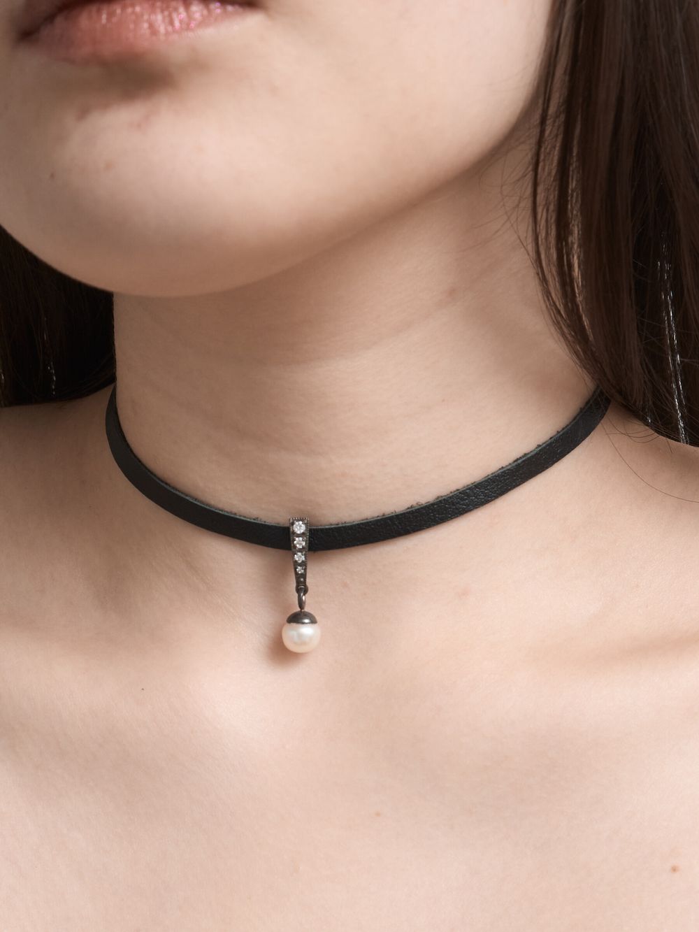 Black Leather Choker with Freshwater Pearl and Silver CZ Pendant
