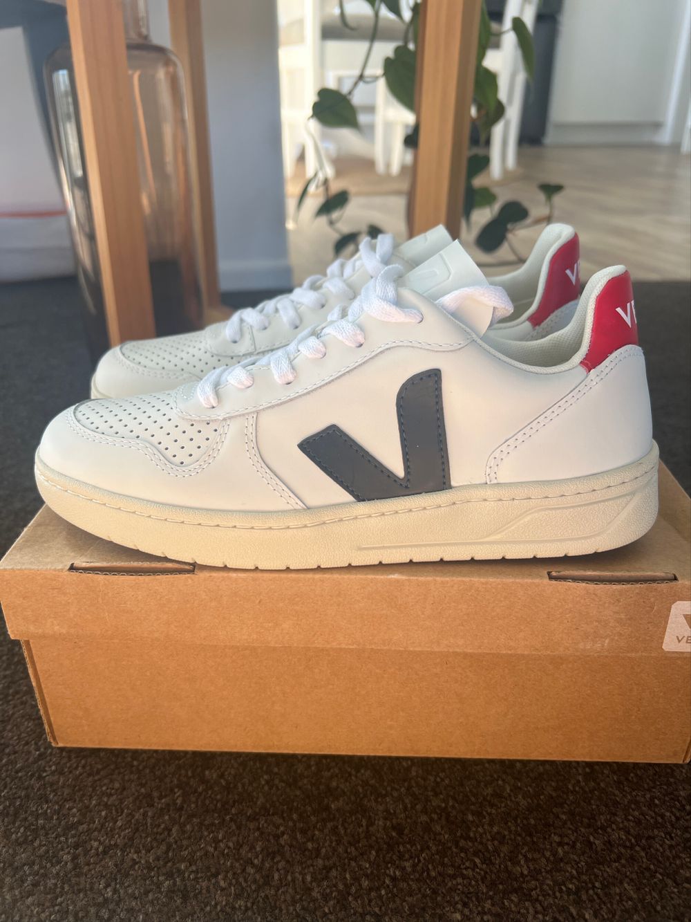 Veja White Red V-10 Leather Sneakers