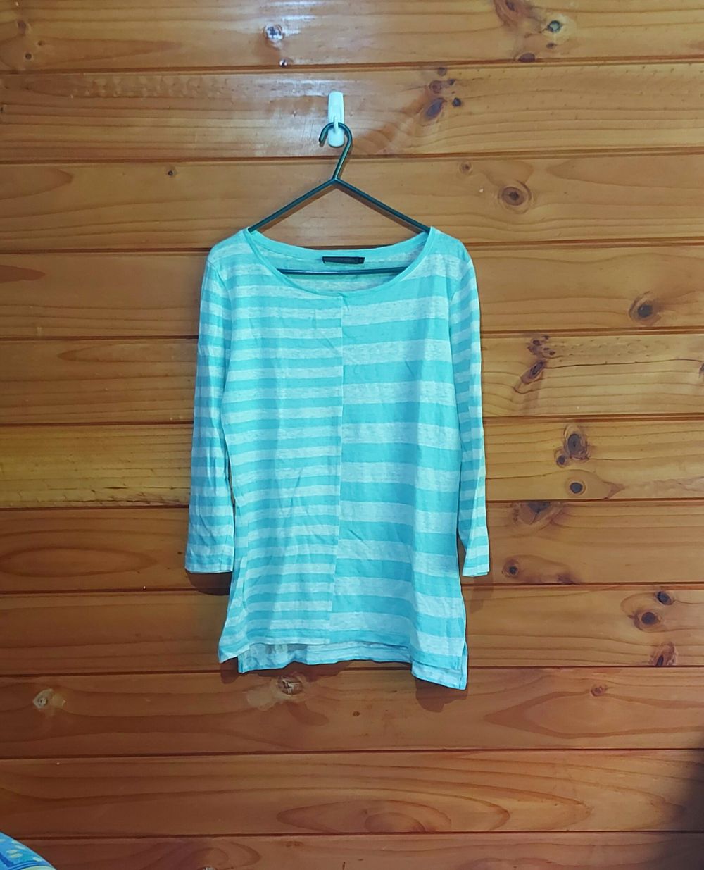100% linen green/white stripe top