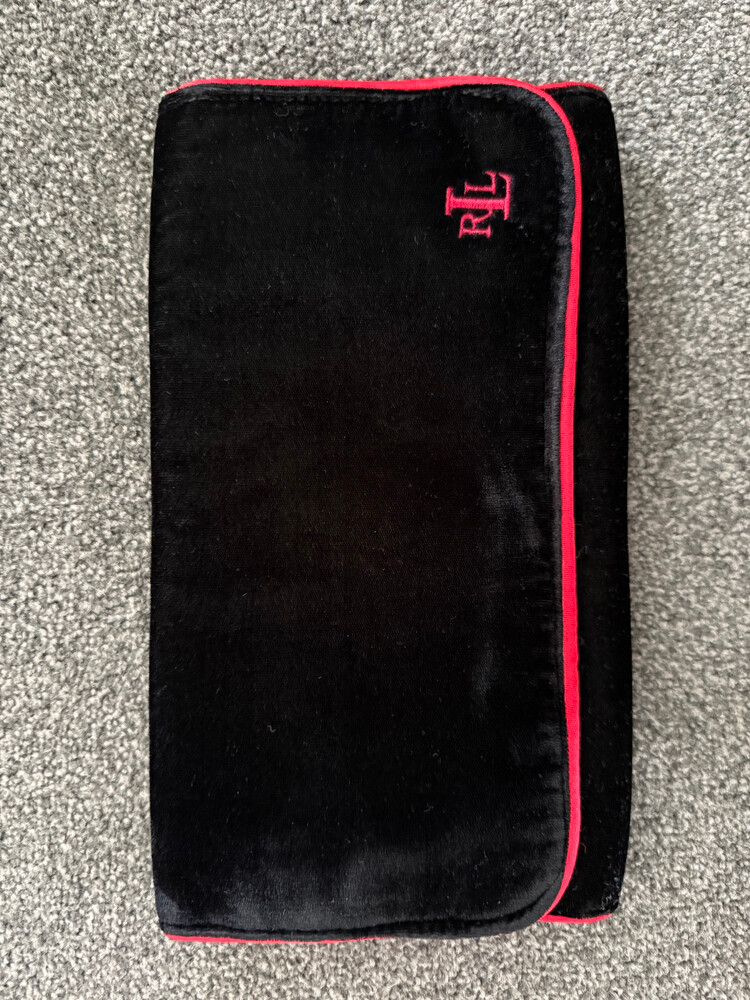 Ralph Lauren Black Velvet Makeup Bag / Travel Cosmetic Organiser – Red Trim