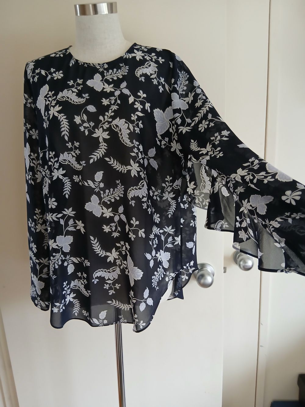 White & Navy Floral sheer Top