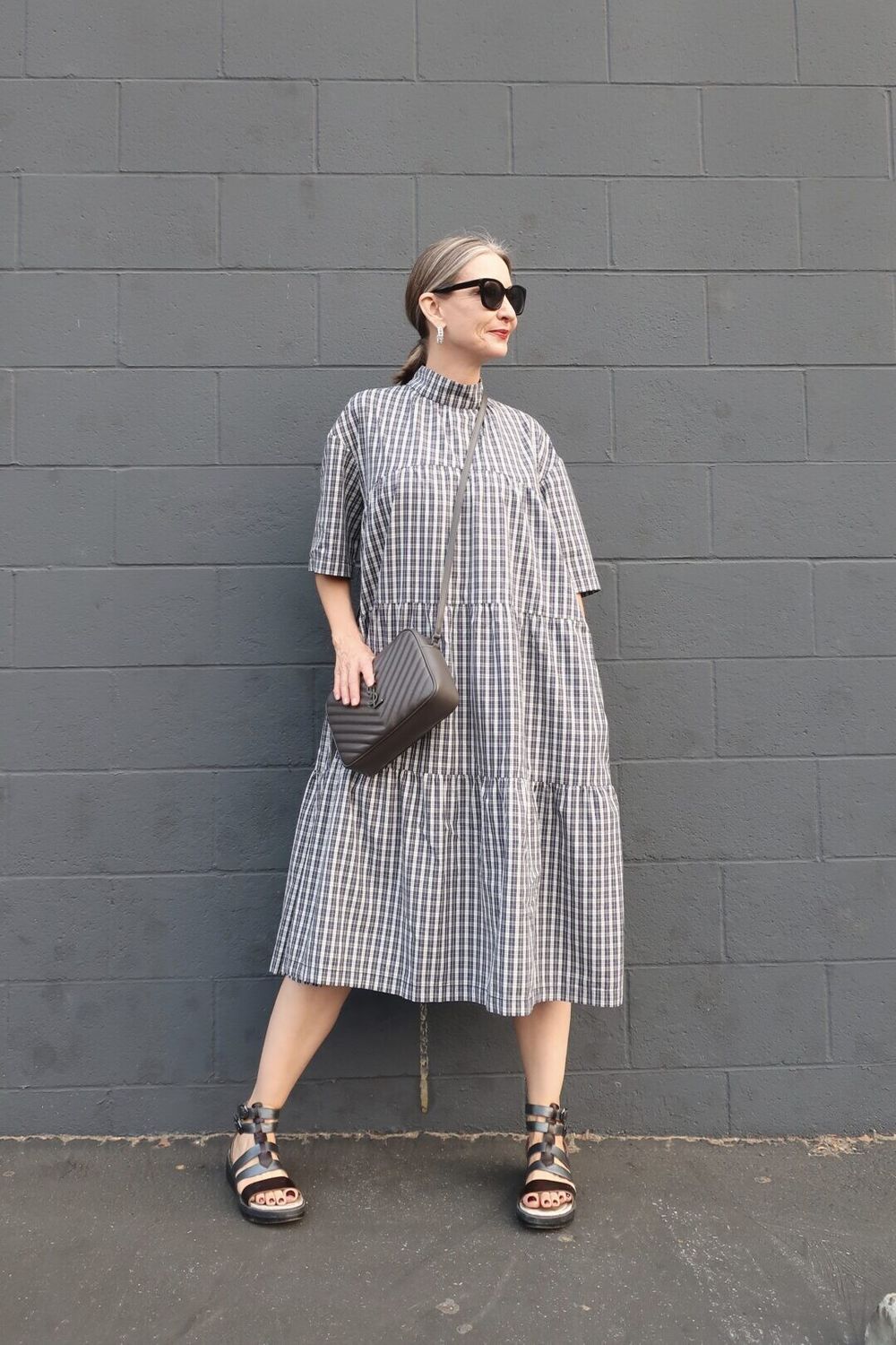 Black and White Check Tiered Midi Dress