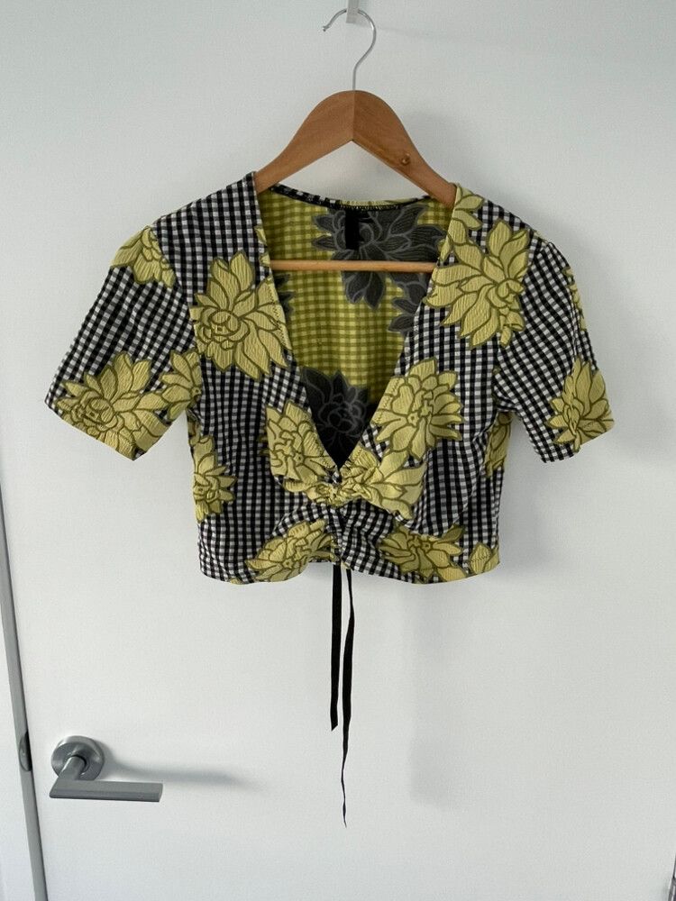 Lonely Yellow Checked Floral Crop Top Size M
