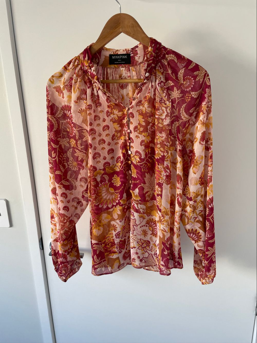 MinkPink Floral High Neck Blouse | Romantic Boho Top | Size S