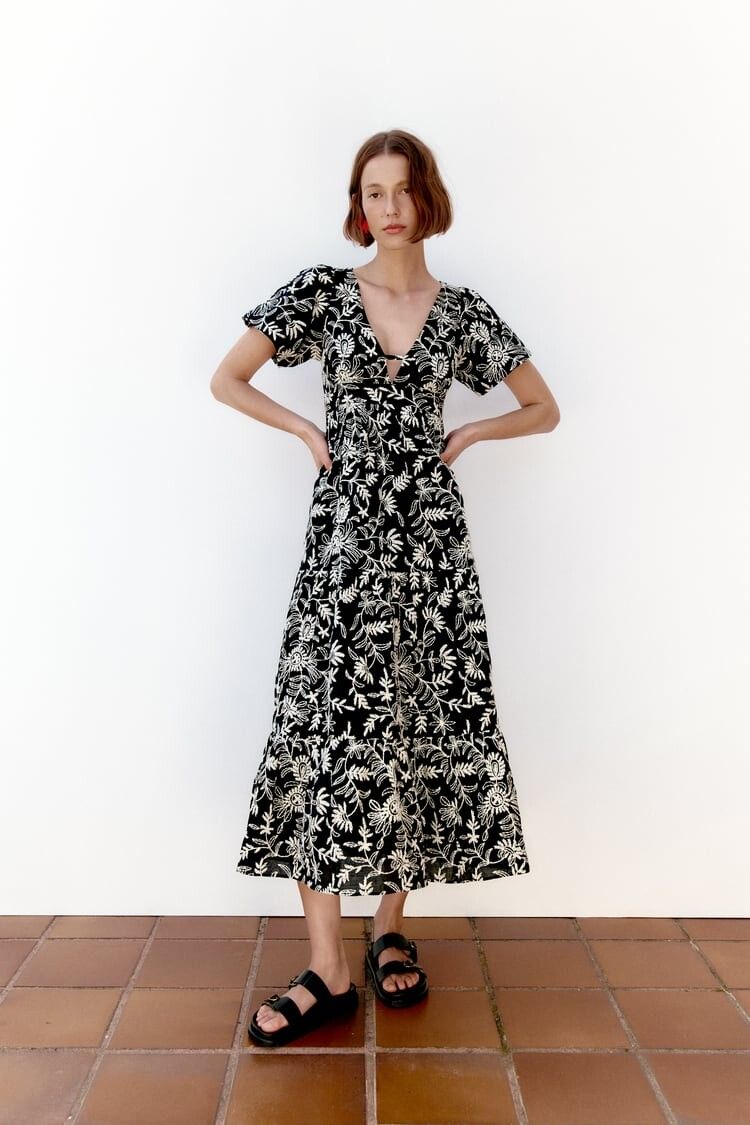 green emerald velvet dress Zara Gold Embroidered Midi Dress