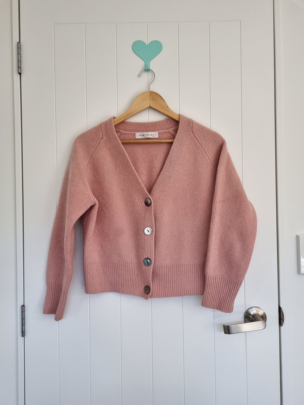 Elle + Riley pink raccoon and cashmere cardigan