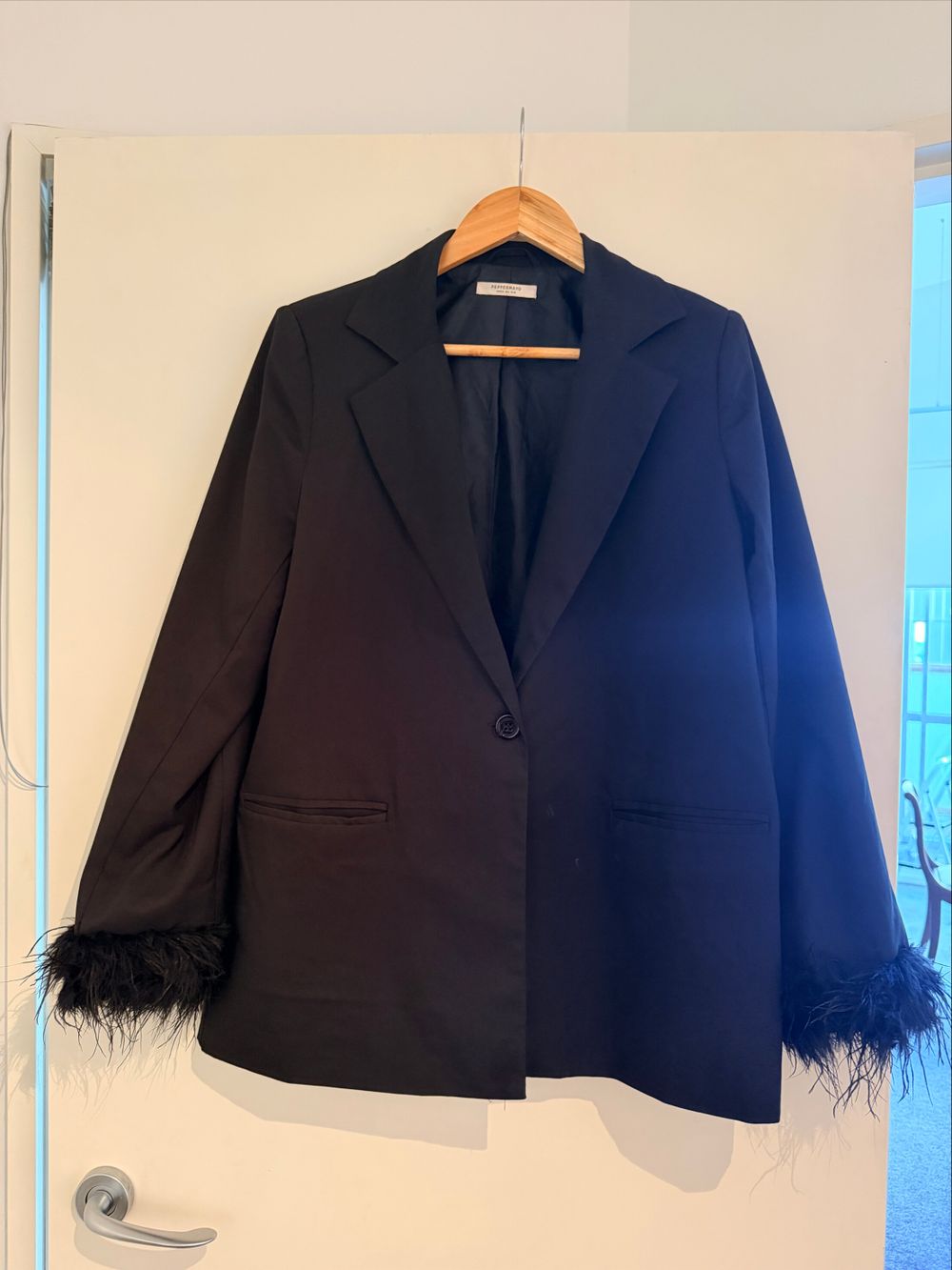 Peppermayo Black Blazer and Pant Suit With Feather Cuffs