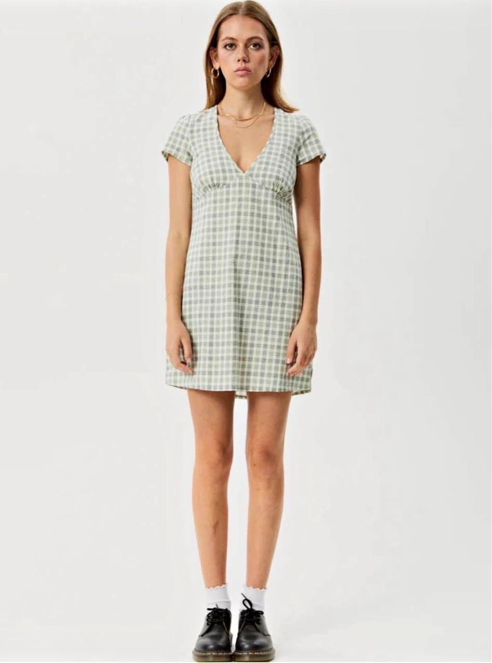 Afends Leo Organic Seersucker Mini Dress Green Checked Seersucker Dress