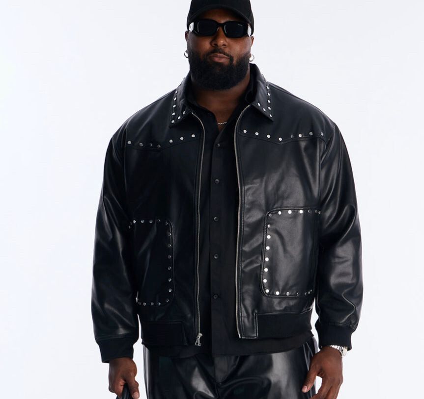 Relaxed Riff Studded Faux Leather Bomber