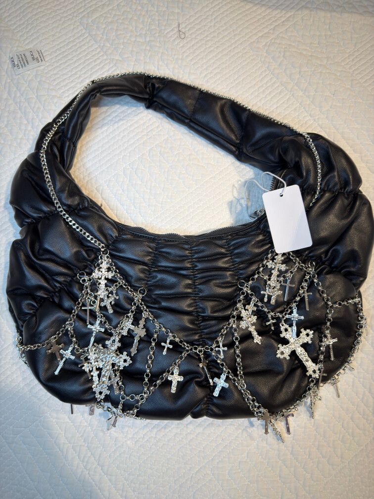 Black Shoulder Bag with Cross Chains