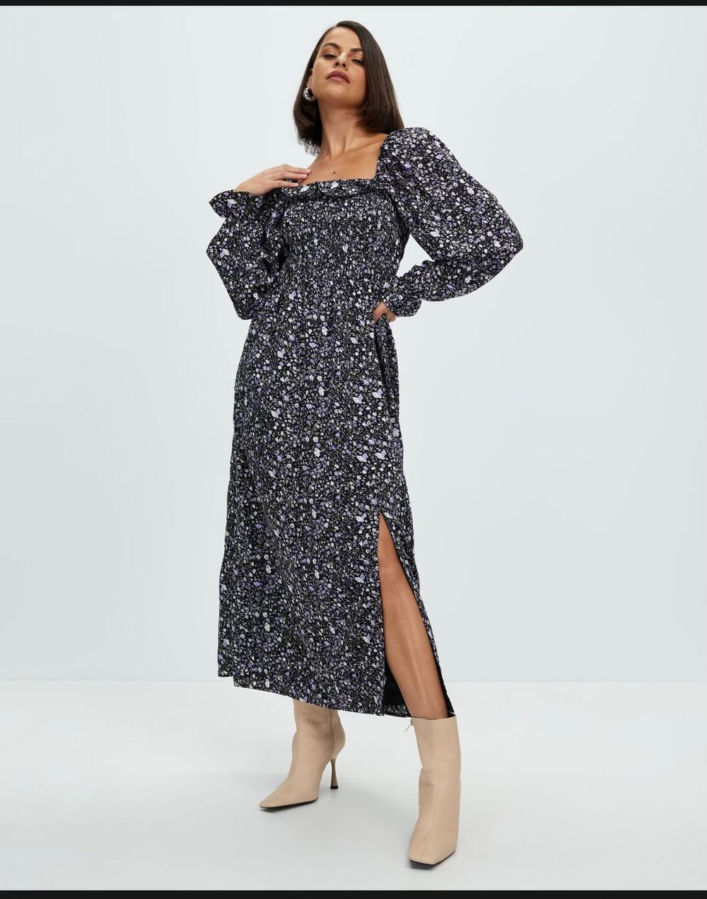 Ada Shirred Long Sleve Midi Dress