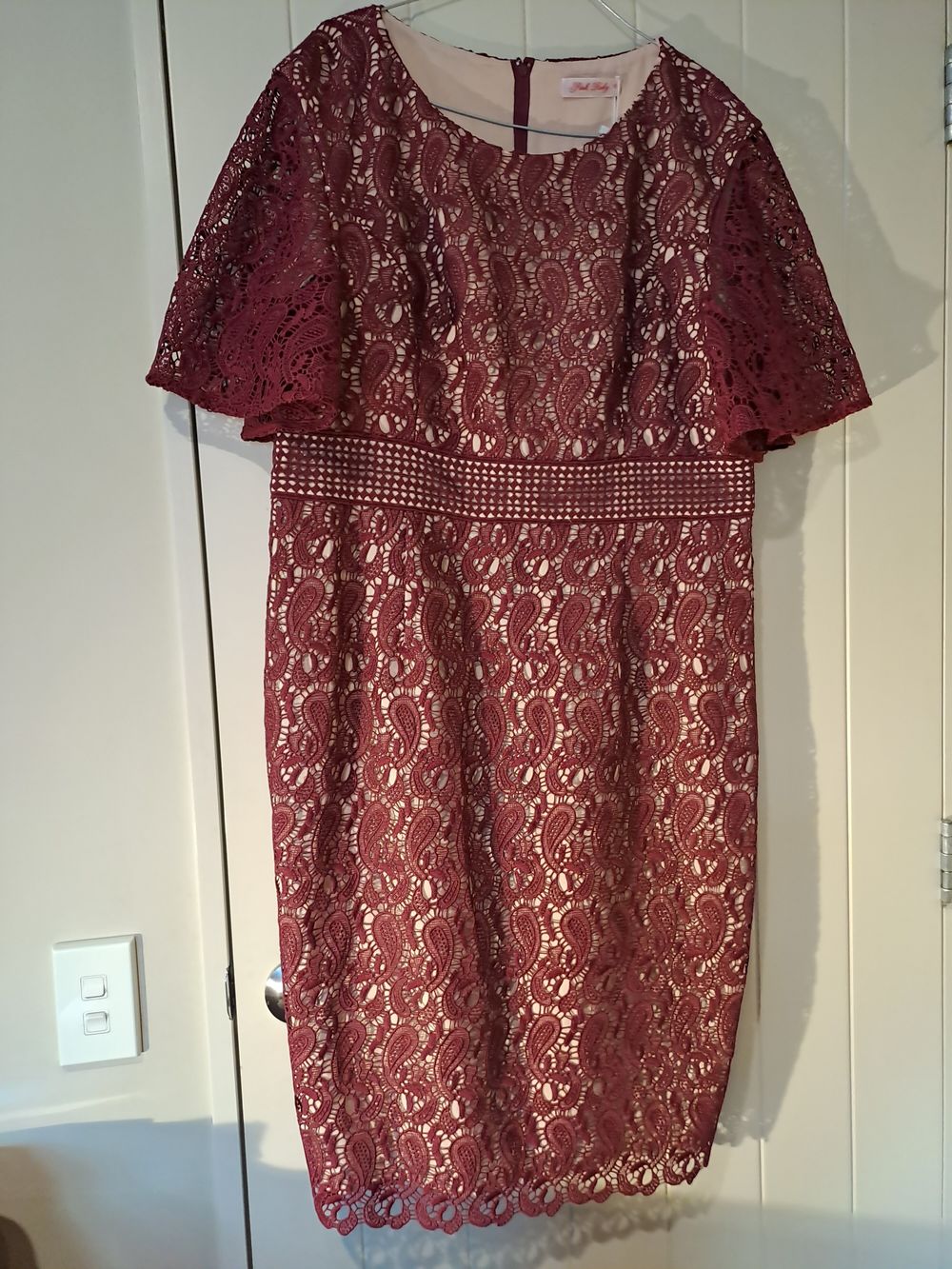 Wine Lace Flutter Sleeve Dress