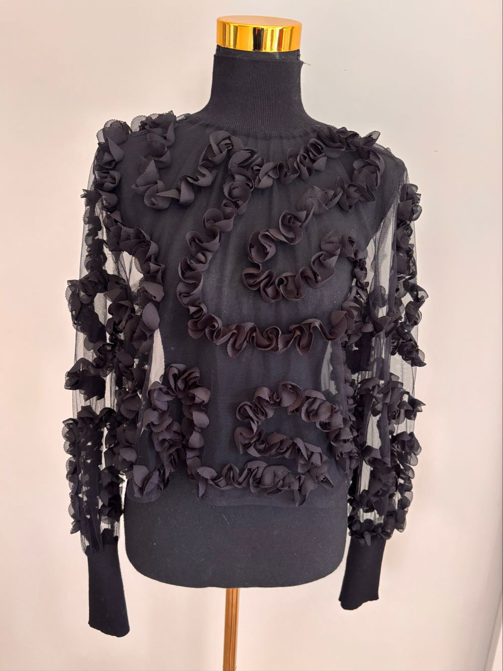 Zara Black Sheer Ruffled Mesh Top in small