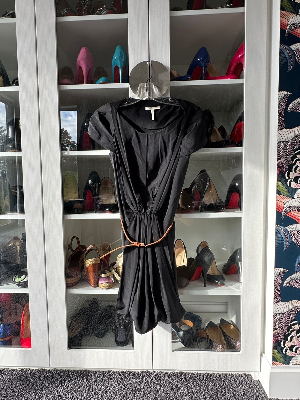 MAJE Black Pure Silk Draped Dress w/ Leather Belt