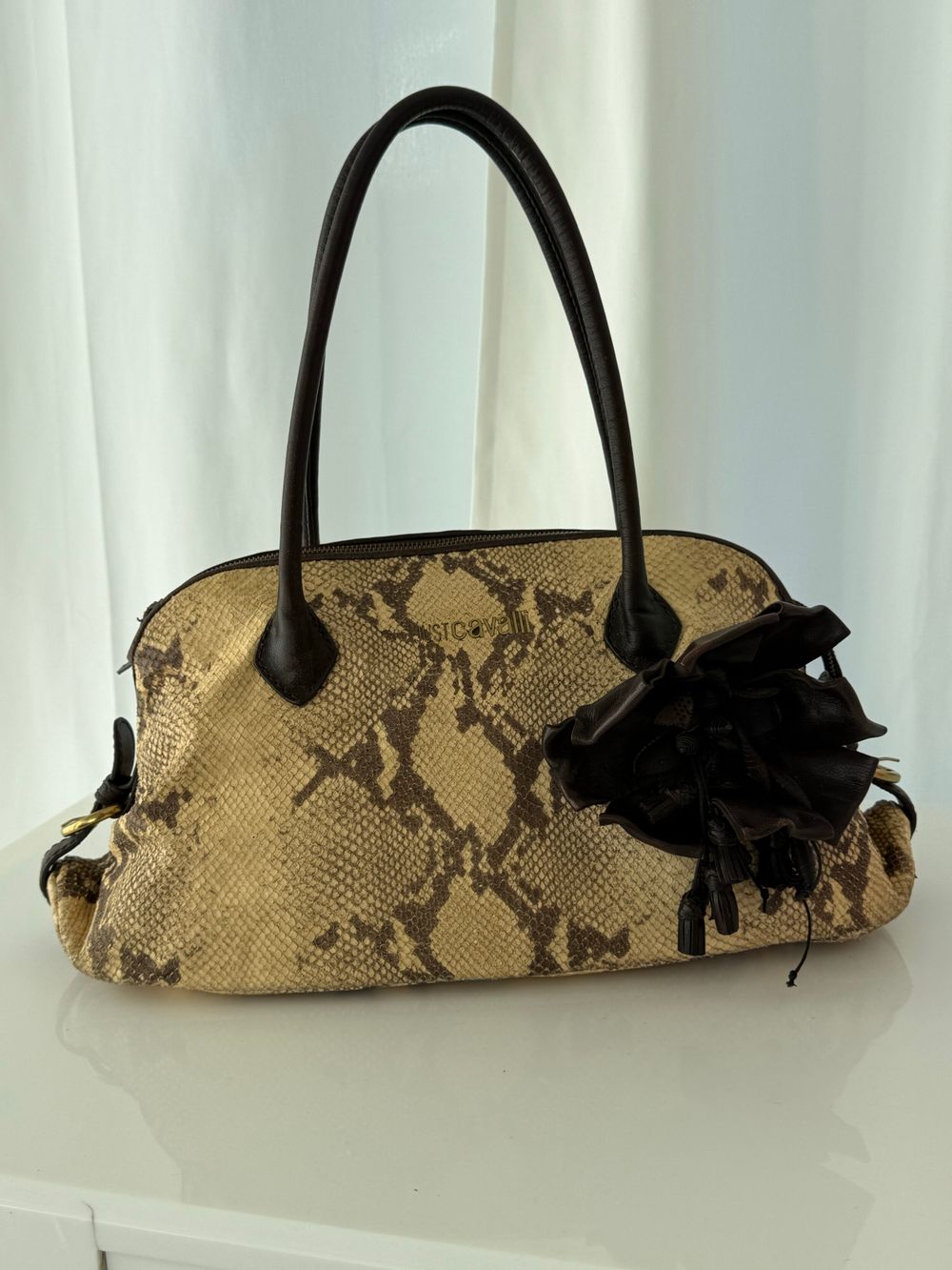 Vintage Just Cavalli Genuine Snakeskin Handbag – Dark Brown Leather & Statement Flower