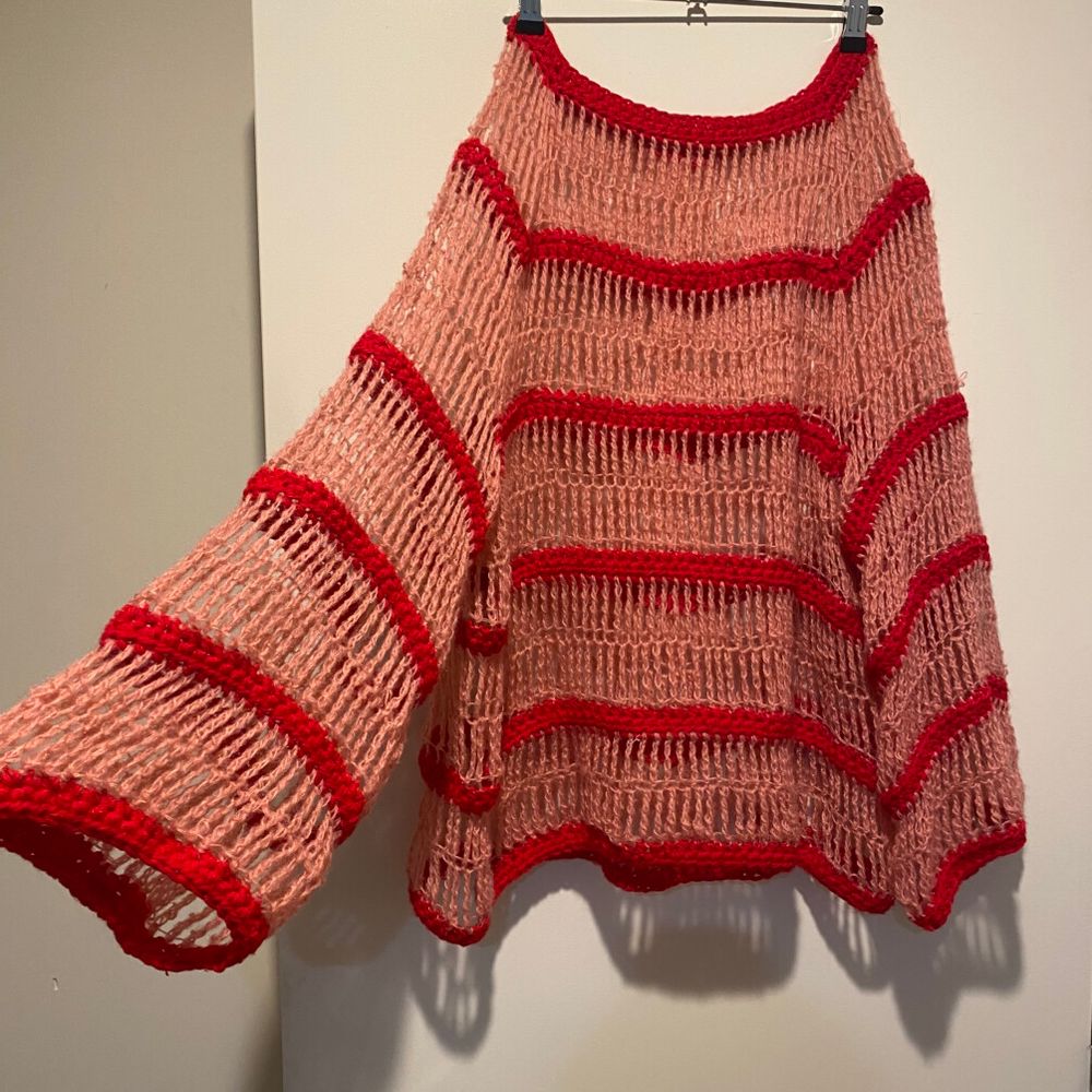 Handmade Crochet Mohair Blend Red and Pink Stripe Sweater