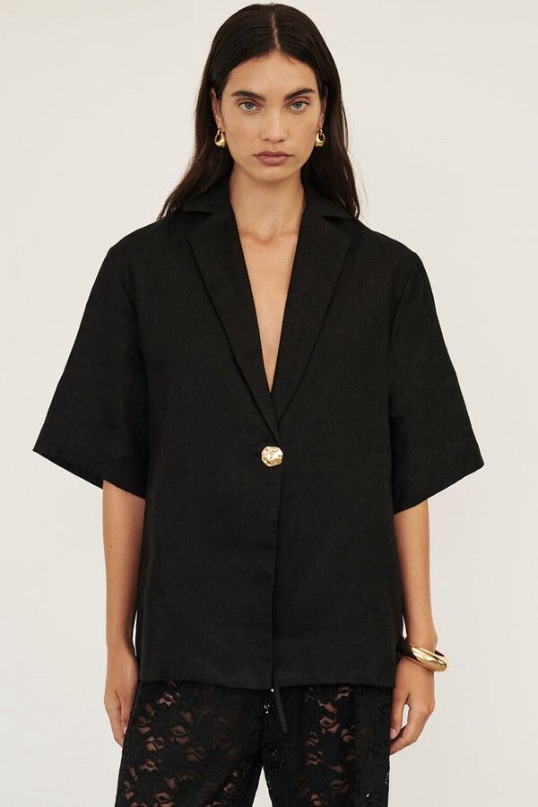 DISSH - NALA BLACK LINEN RESORT SHIRT | DISSH on Designer Wardrobe