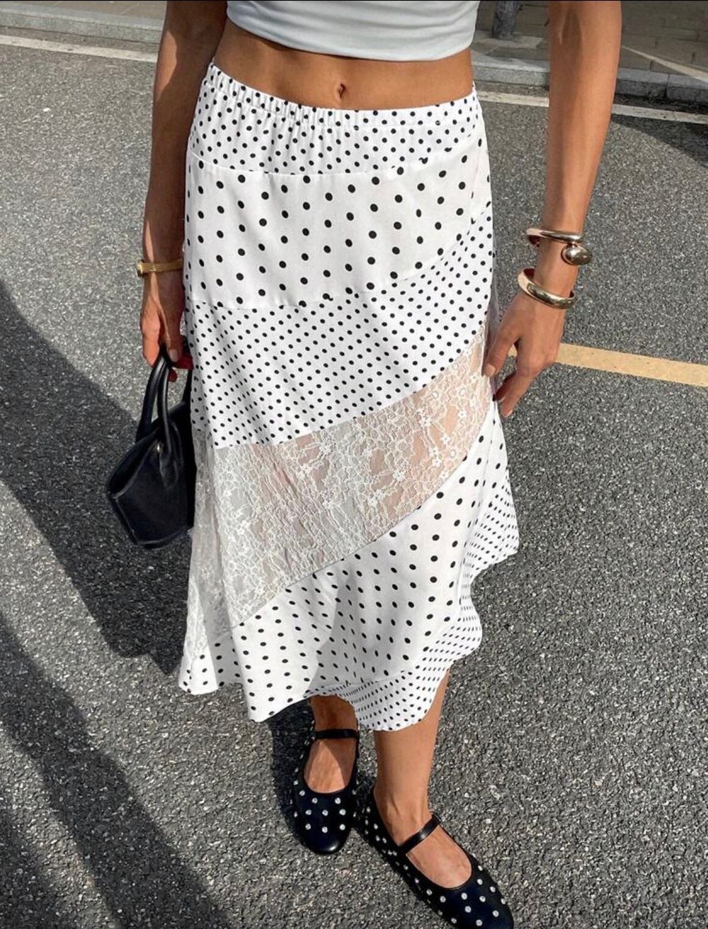 White Polka Dot Midi Skirt With Lace Panel