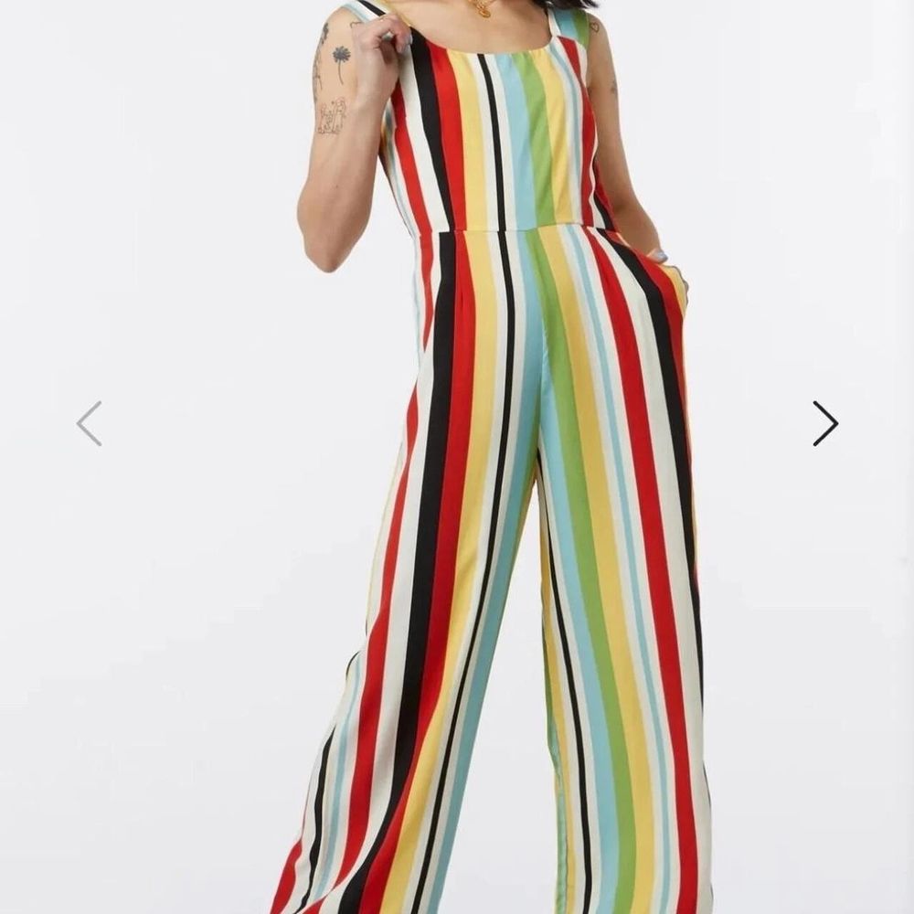 Dangerfield Striped Jumpsuit Wide Leg Multicoloured Retro Style Zip Back Size 10