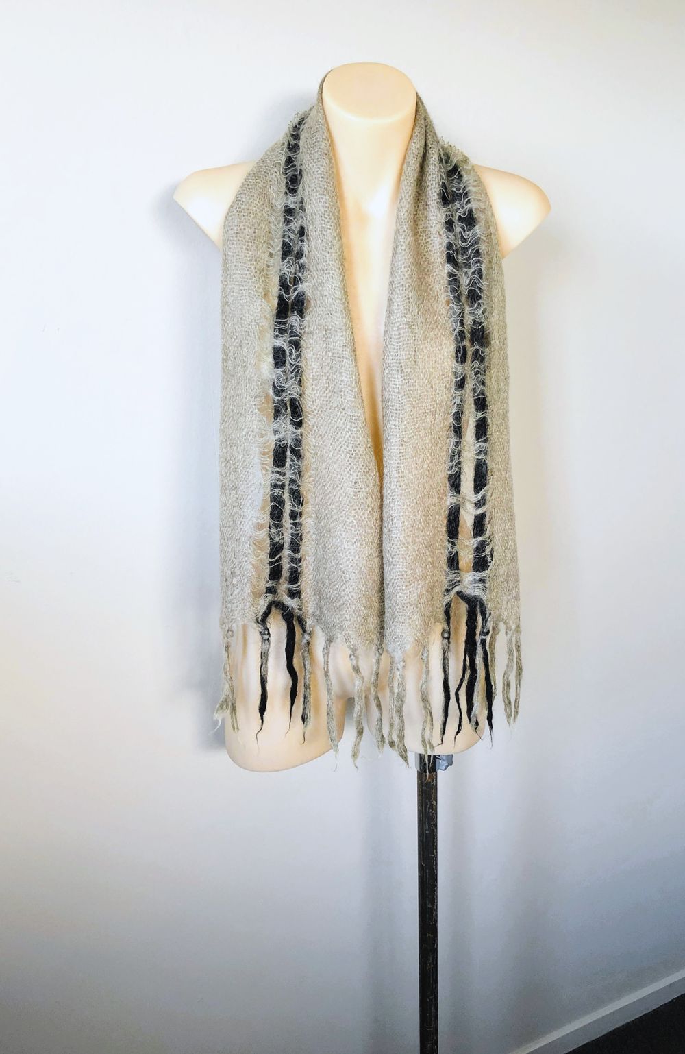 Beige and Black Wool Fringed Scarf