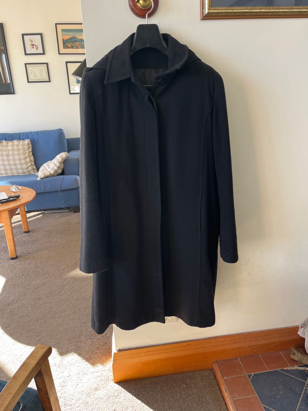 Black Hooded Wool Blend Coat