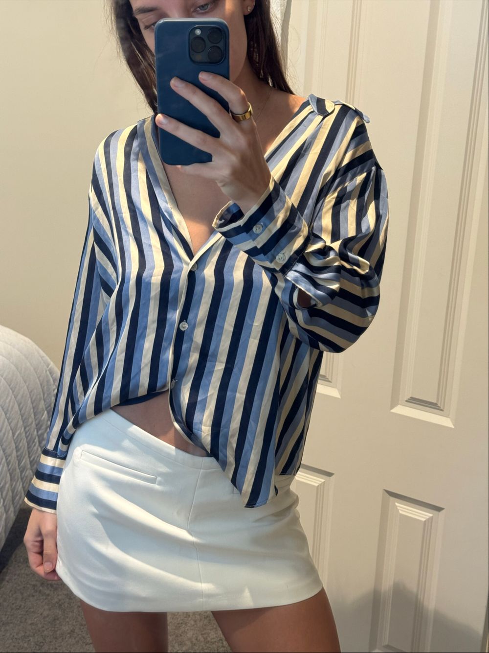 Zara Blue And White Striped Long Sleeve Shirt