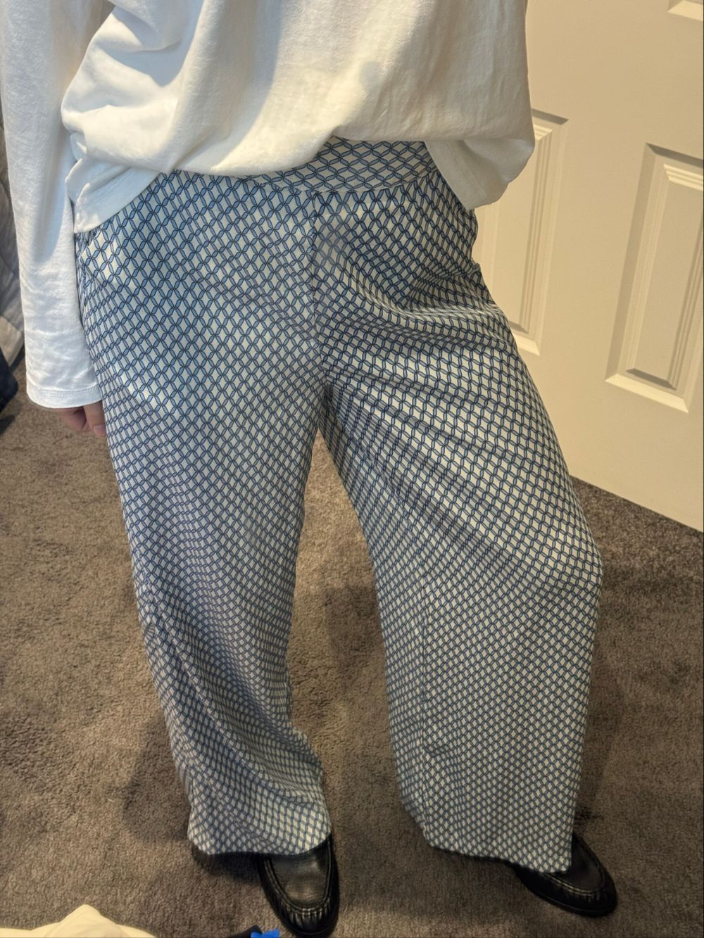 White And Blue Geometric Print Wide Leg Pants