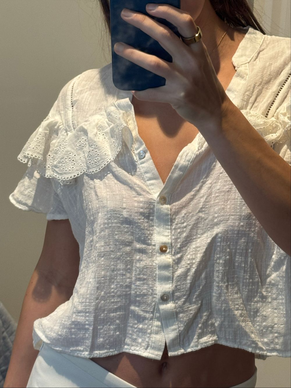 Zara White Cropped Blouse With Eyelet Ruffles