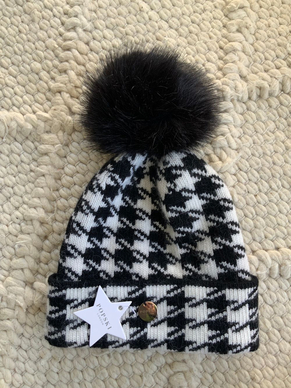 Popski Black White Houndstooth pom pom hat