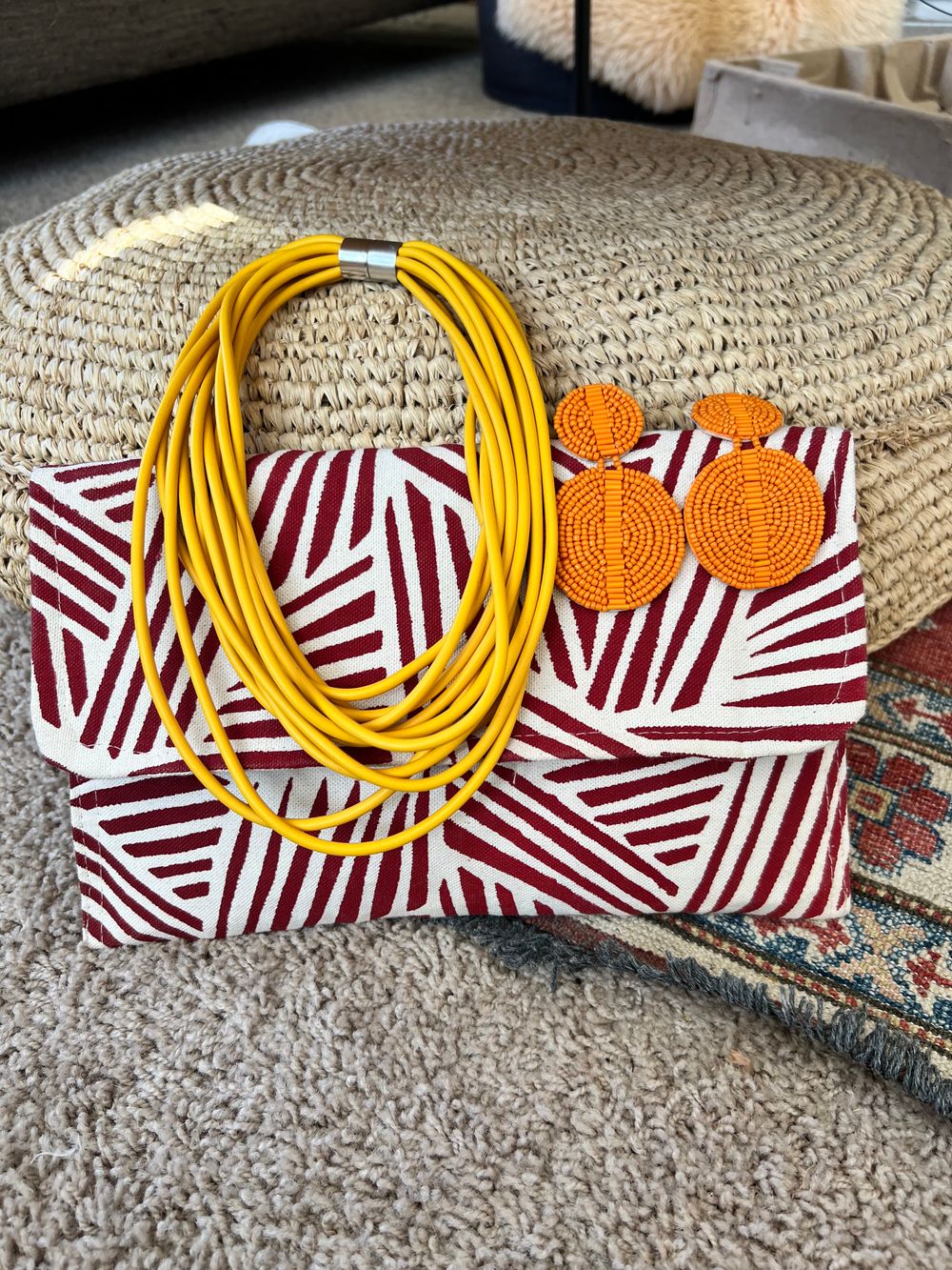 Orange Beaded Earrings and Yellow necklace