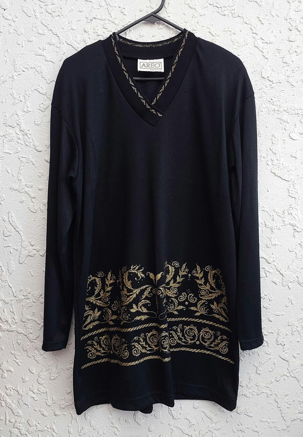 Authentic 1990s USA Vintage Black & Gold Baroque Tunic Dress, size Large, Whimsigoth