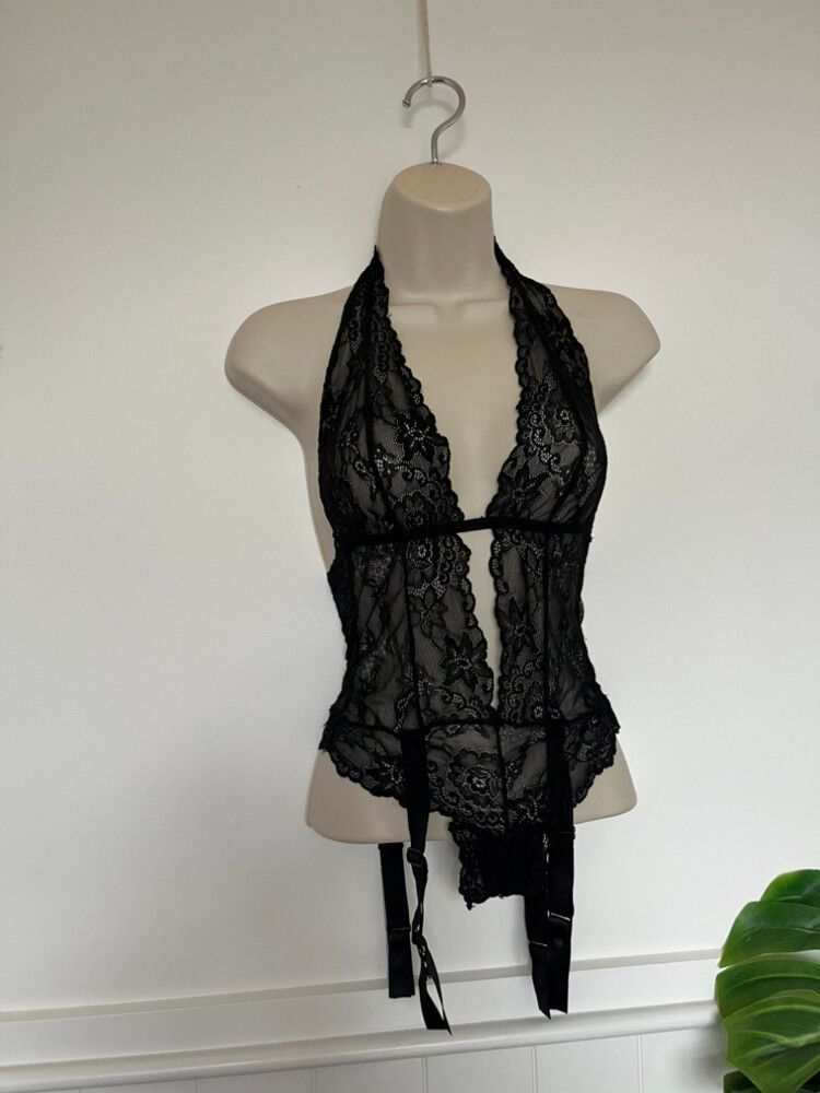 Ann Summers Black Lace Bodysuit Lingerie with Suspender Size XS 4-6