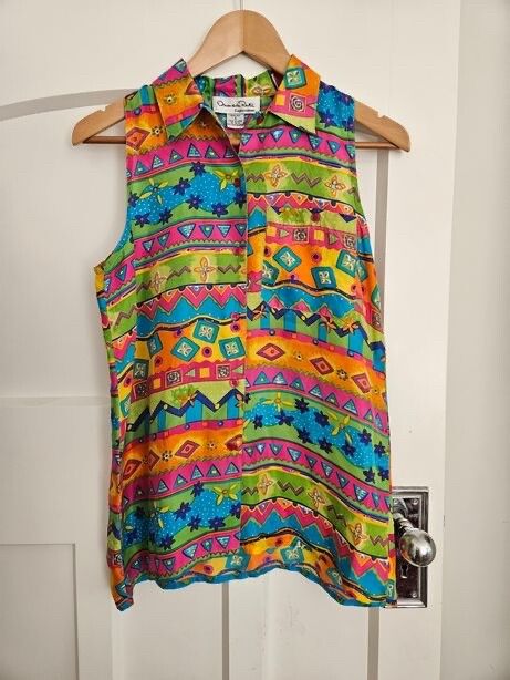 90s Oscar de la Renta Silk Sleeveless Shirt Size S