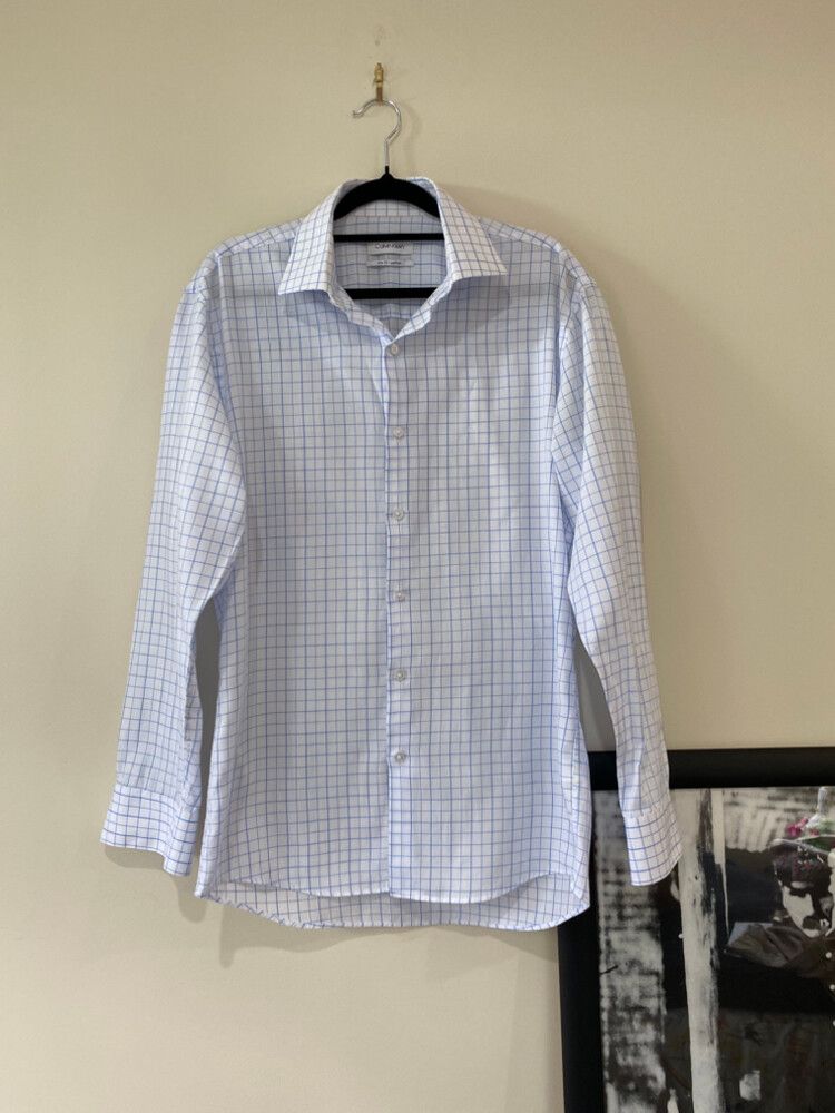 Calvin Klein Men's Slim Fit Cotton Dress Shirt Size M 40/86 - White & Blue Check