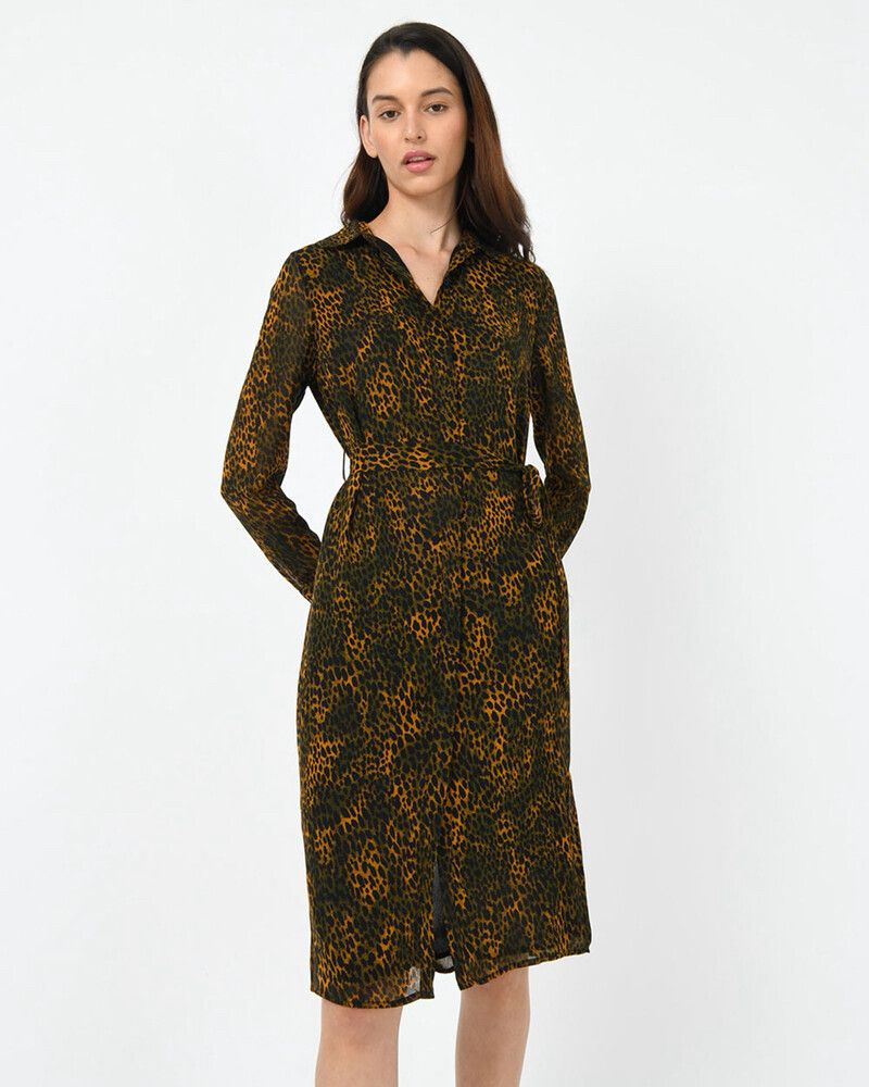 Forcast 'Loretta' Tie Waist Dress – Size 12 | Leopard Print | Shirt Style