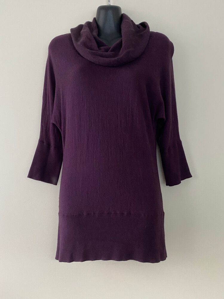 David Lawrence Knit Tunic, Size S – Plum, Viscose Wool Cashmere Blend, Cowl Neck, 3/4 Sleeve