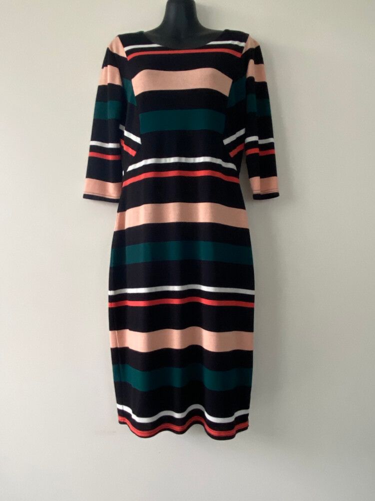 Ketz-ke Stripe Midi Dress – Size 12 – Stretchy Fit, Zip Back, Smart Casual
