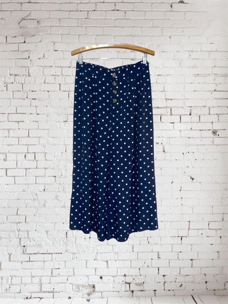 Mi Ami Navy Polka Dot Culottes Wide Leg Pants Size L Elastic Waist