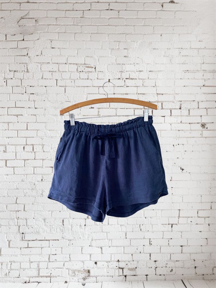 RPM 100% Linen Shorts Navy Size 14 Drawstring Relaxed Fit Elastic Waistband