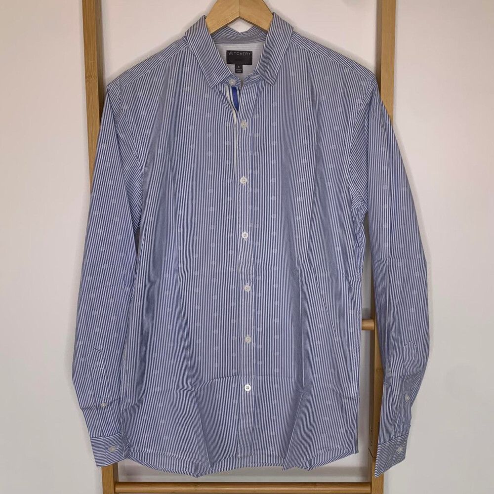 Witchery Size S Men's Long Sleeve 100% Cotton Striped Shirt Blue Chest: 104cm