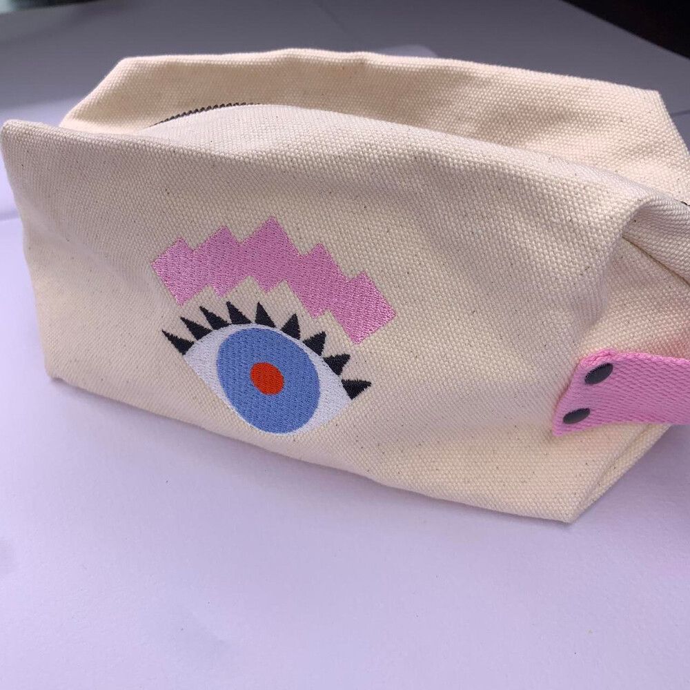 Benefit Cosmetics Make Up Bag Blue Evil Eye Canvas Travel Toiletries Pencil Case
