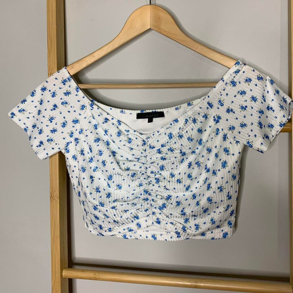 Ava & Ever Size 10 / S White & Blue Flower Crop Top Stretch Off Shoulder As New