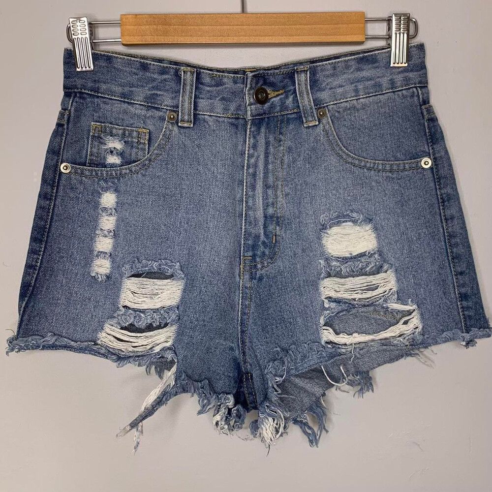 Lost Muse Size 6 / 26" High Rise Denim Jean Shorts Ripped Blue Grunge Y2K Skate