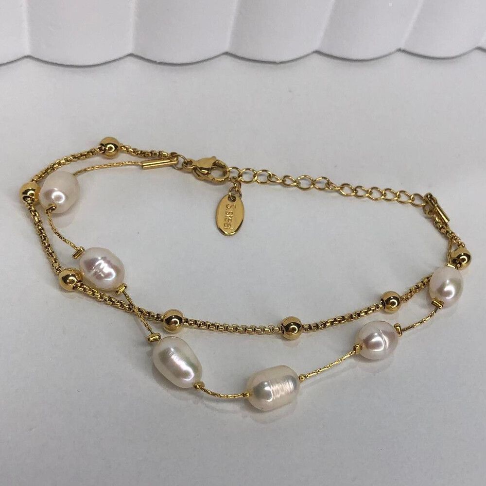 Kopen Australia | Gold Plated Stainless Steel Natural Pearl Chain Bracelet Stack