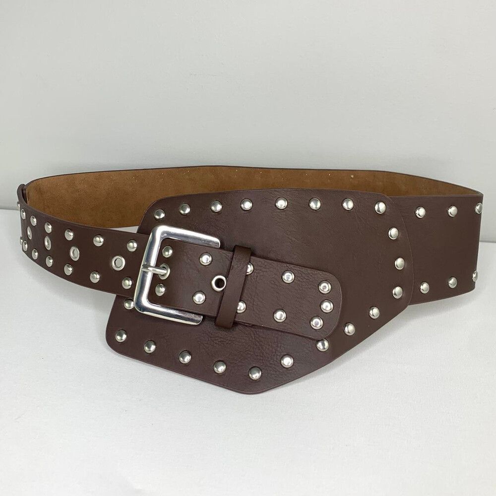 Kopen Australia | Y2K Wide Low Hip Studded Belt Brown Faux Leather Rock Grunge