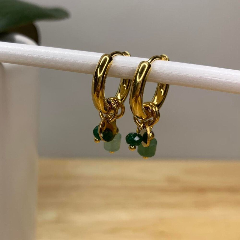 Kopen Australia | Gold Plated Huggie Hoop Stacker Earrings Natural Stone Green