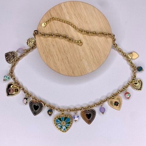 Kopen Gold Plated Chunky Heart Charm Necklace Beaded Chain Maximalist